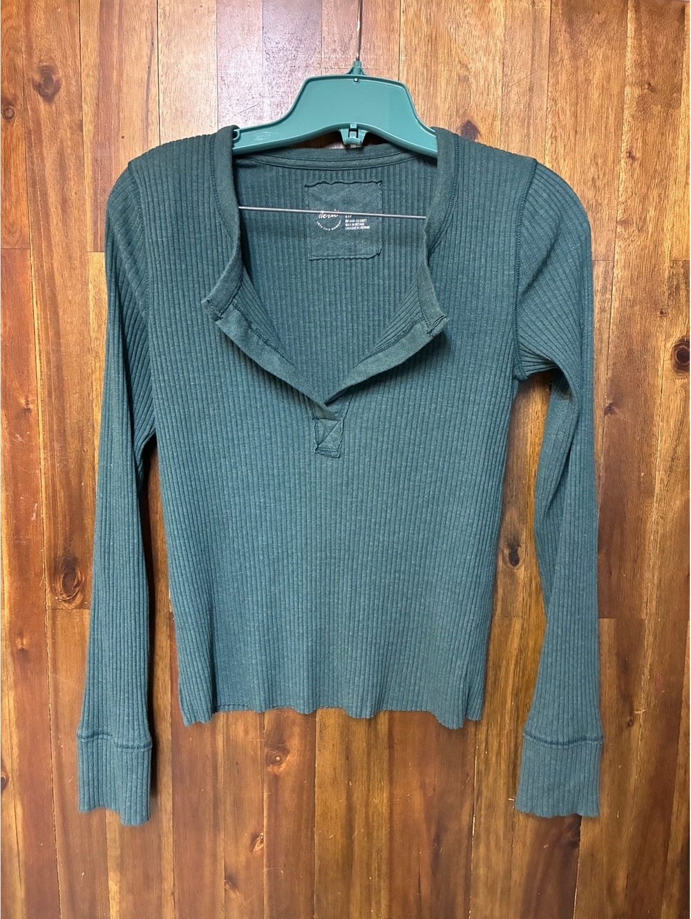 Aerie Green Ribbed Long Sleeve Henley Top S Y2K 90s Grunge Lounge Basic
